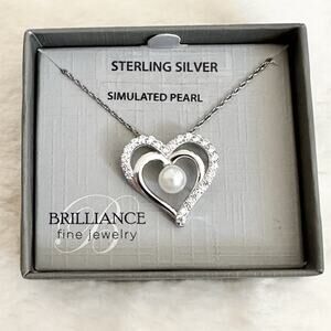 Brilliance Fine Jewelry Simulated Pearl Sterling Silver Heart Pendant 18”